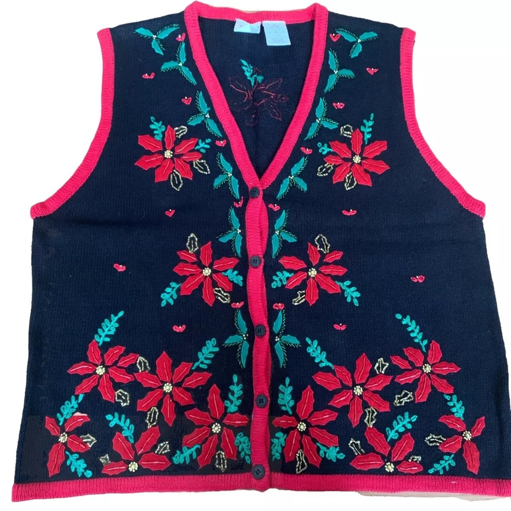 Bobbie Brooks Christmas Beaded Sweater Vest XL 16/18 Red Black Knit Poinsettia